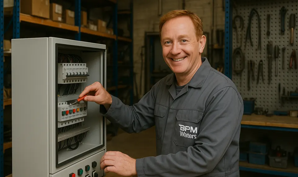 Technicien BPM Waters raccordant l'armoire électrique d'une station de pompage