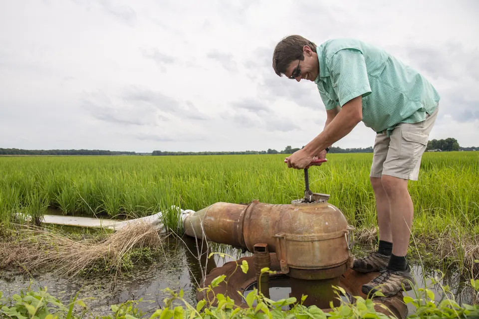 Technicien réglant une pompe d'irrigation au champ
