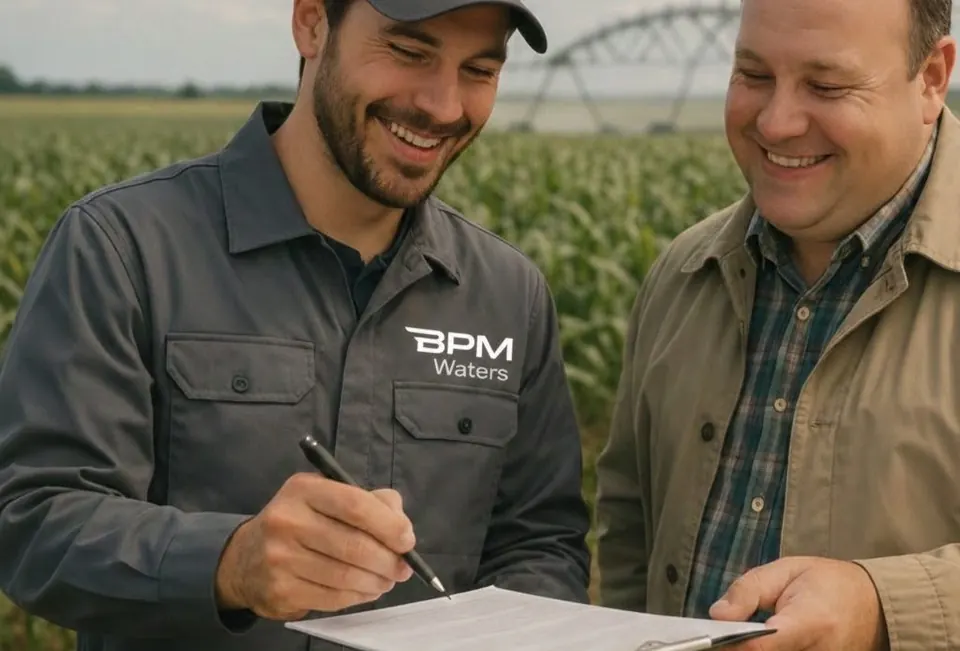 Technico-commercial BPM Waters étudiant un projet avec un agriculteur